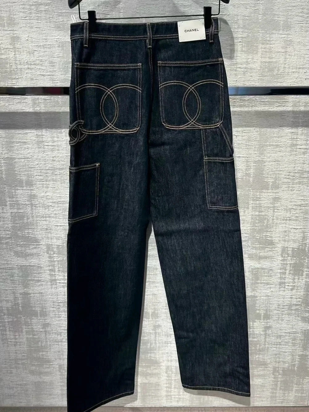 Chanel 26b Blazy Dark Blue Denim large CC Logo Cargo Jeans Size 36